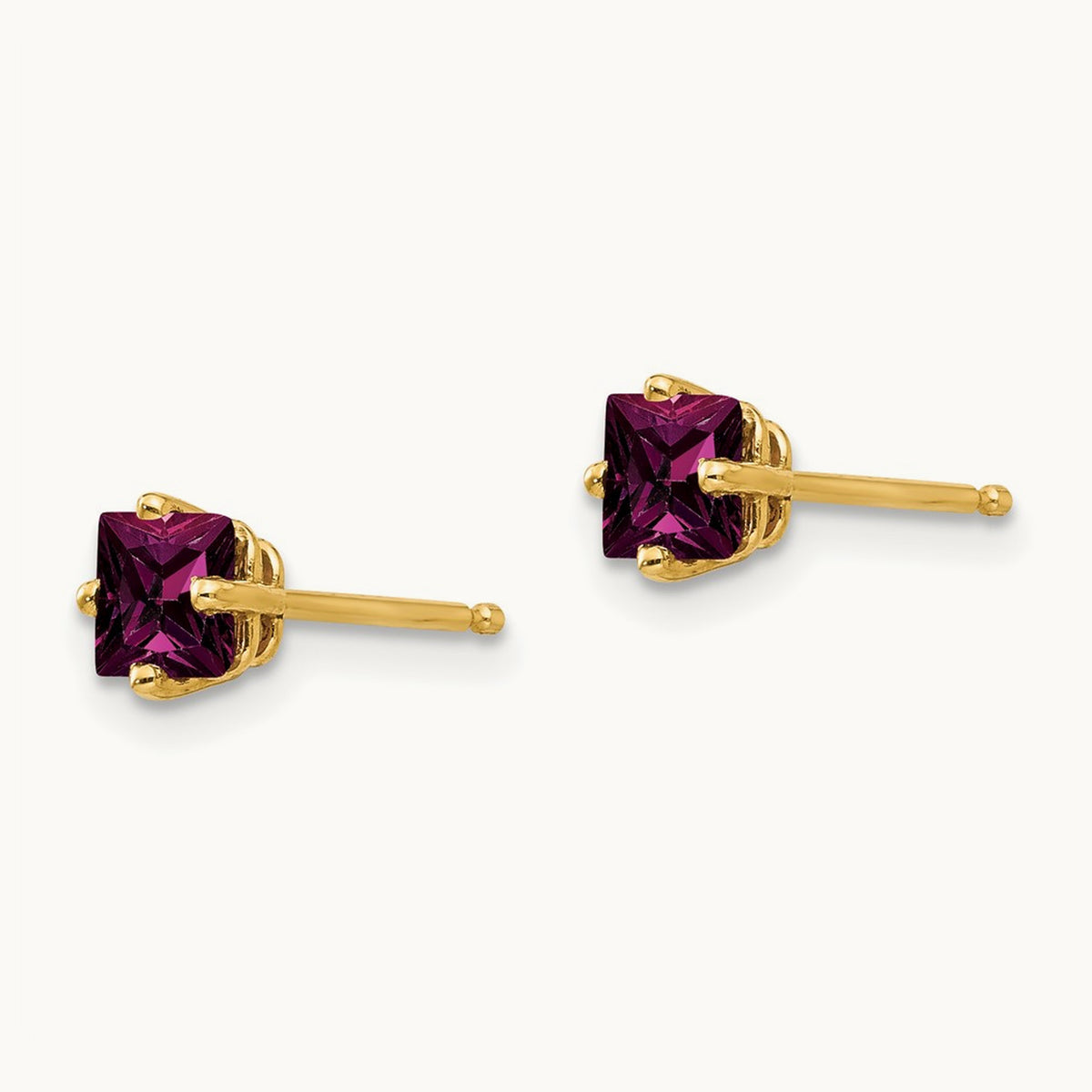 Princess Cut Rhodolite Garnet earring, 4mm, 14K