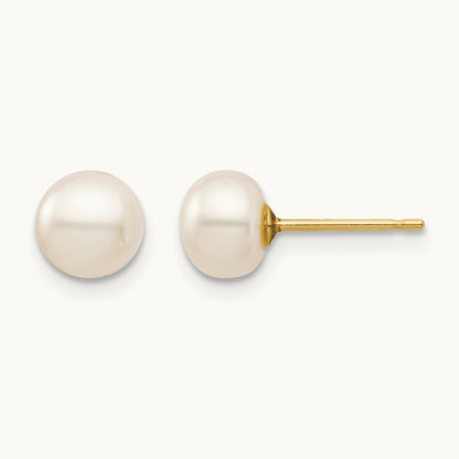 Madi K 6- White Button Freshwater Cultured Pearl Stud Post Earrings, 7mm, 14K
