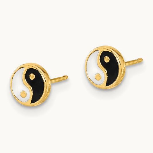 Black/White Enamel Yin and Yang Post Earrings, 14K Gold