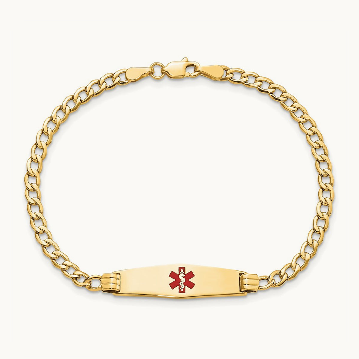 Medical Semi-Solid Soft Diamond Shape Red Enamel Cuban ID Bracelet, 14K