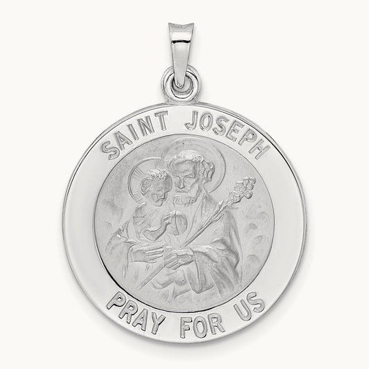 Polished Saint Joseph Solid Medal Pendant, 14K White Gold