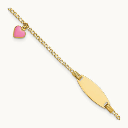 Polished Kids ID with Pink Enameled Puff Heart 5.5in Bracelet, 14K