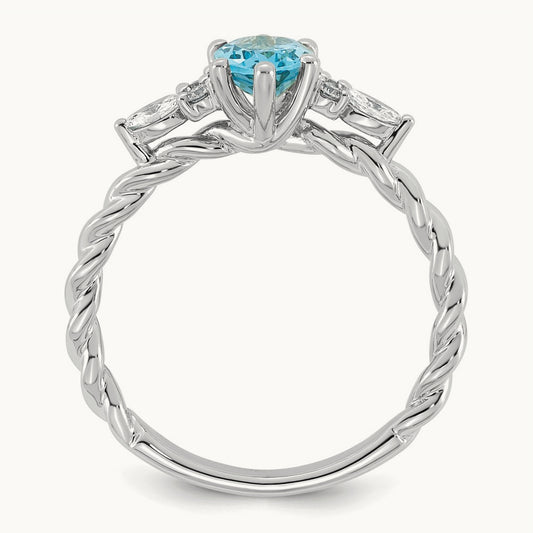 Polished Diamond and Blue Topaz Twisted Ring — 14K White Gold