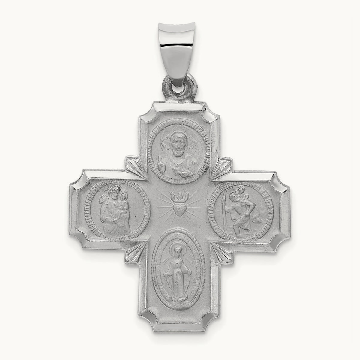 Four Way Medal Hollow Pendant, 14K White Gold