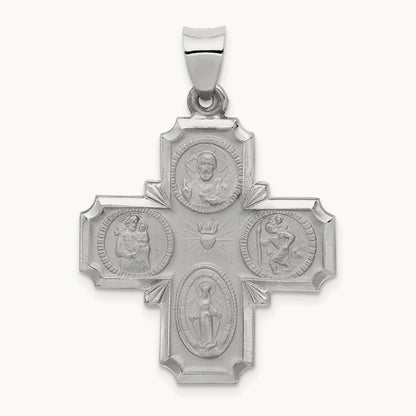 Four Way Medal Hollow Pendant, 14K White Gold