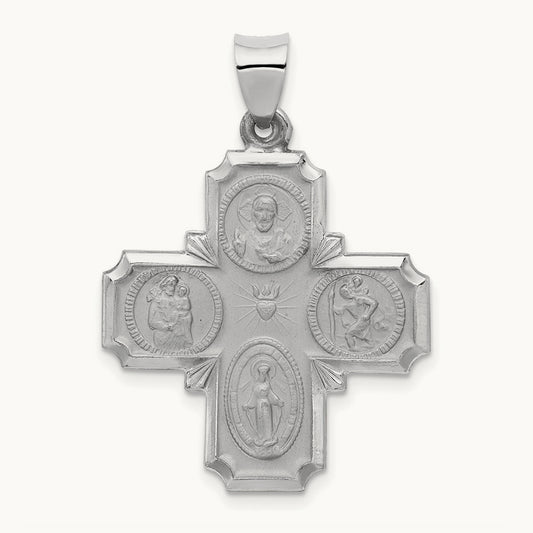 Four Way Medal Hollow Pendant, 14K White Gold
