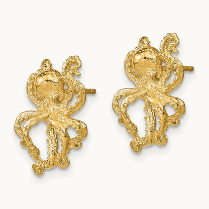 2-D Polished Octopus Post Earrings, 14K