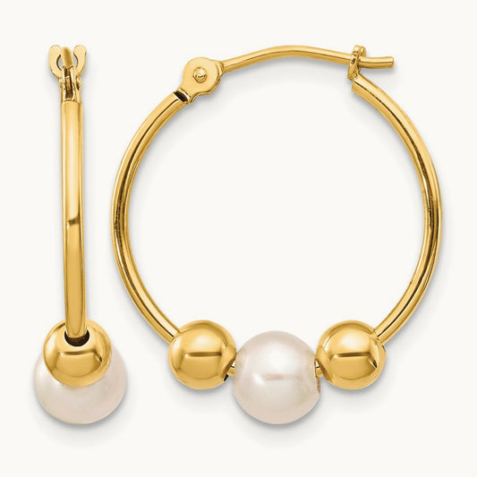 5- White Semi-round Freshwater Cultured Pearl Polished Hoop Earring, 6mm, 14K