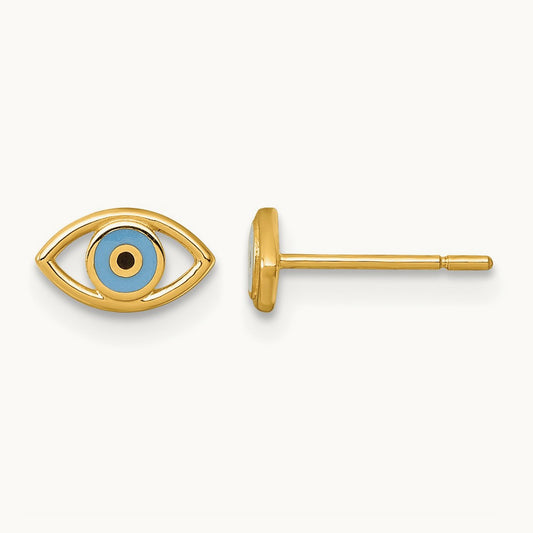 Polished Blue/Black Enamel Evil Eye Post Earrings, 14K