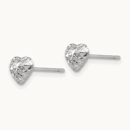 Diamond Cut Puffed Heart Post Stud Earrings — 14K White Gold