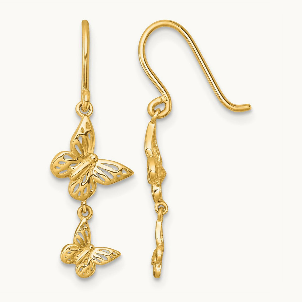 Polished Double Butterfly Moveable Dangle Shepherd Hook Earrings, 14K
