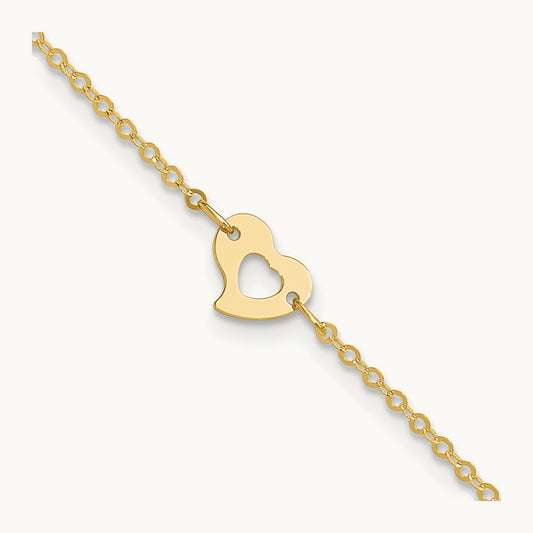 Polished Heart 9in Plus 1in ext Anklet, 14K
