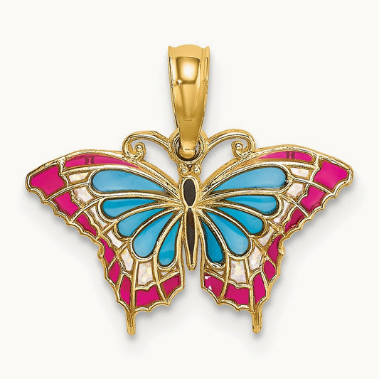 Small Enameled Blue and Red Butterfly Charm, 14K