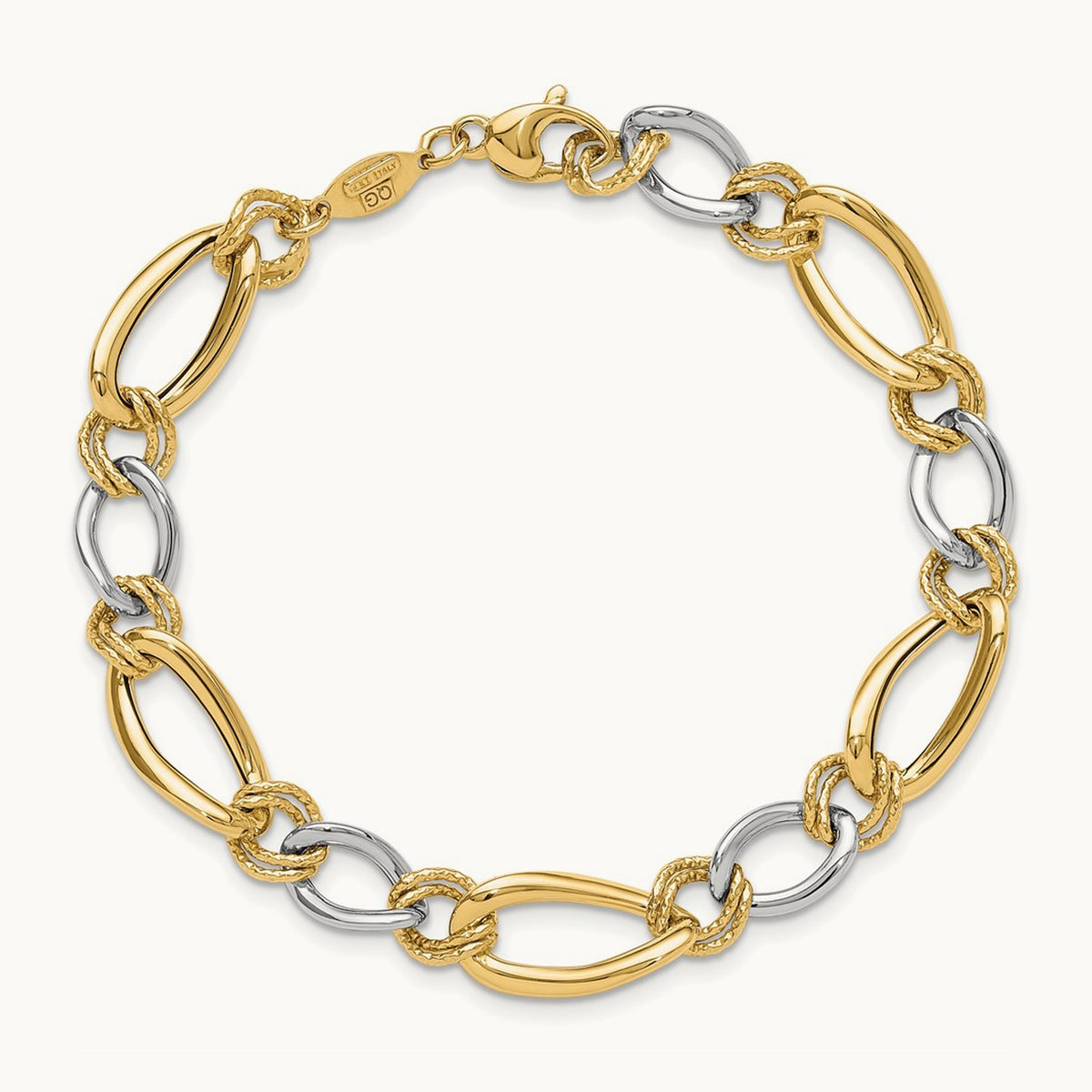 Polished & Textured Fancy Oval Curb Bracelet, 14K Two-tone