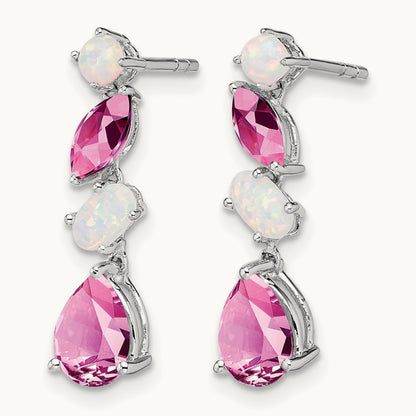Created Pink Sapphire and Opal Dangle Earrings, 14K White Gold