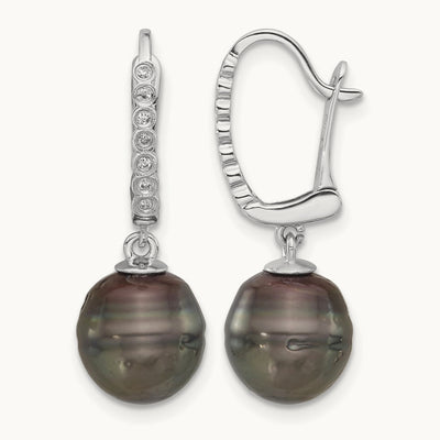 9- Round Black Tahitian Pearl and .07ct Dia Earrings, 10mm, 14K White Gold