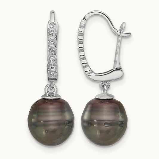 9- Round Black Tahitian Pearl and .07ct Dia Earrings, 10mm, 14K White Gold