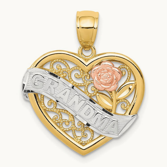 w/White Rhodium GRANDMA Heart Pendant, 14K Two-tone