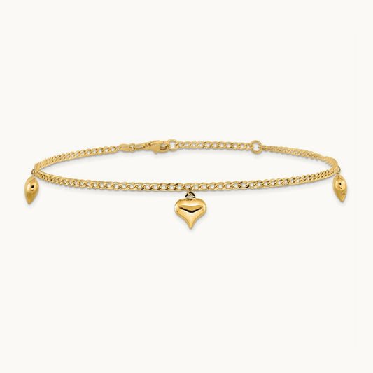 Polished 3 Puffed Heart 9in Plus 1in ext Anklet, 14K