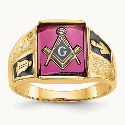 Men's Textured w/ Black Enamel & Lab Cr. Ruby Masonic Ring, 14K
