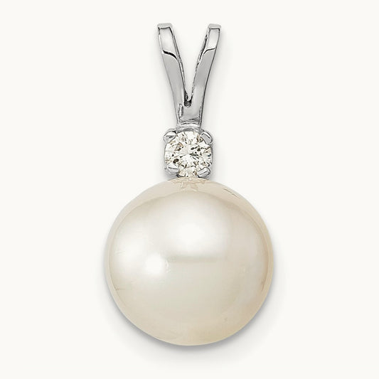 9- Round White Saltwater South Sea Pearl .05ct. Dia. Pendant, 10mm, 14K White Gold