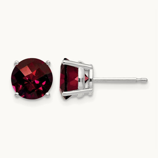 Garnet Checker Earrings, 7mm, 14K White Gold