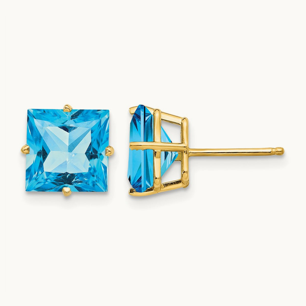 Square Step Cut Blue Topaz Earrings, 8mm, 14K