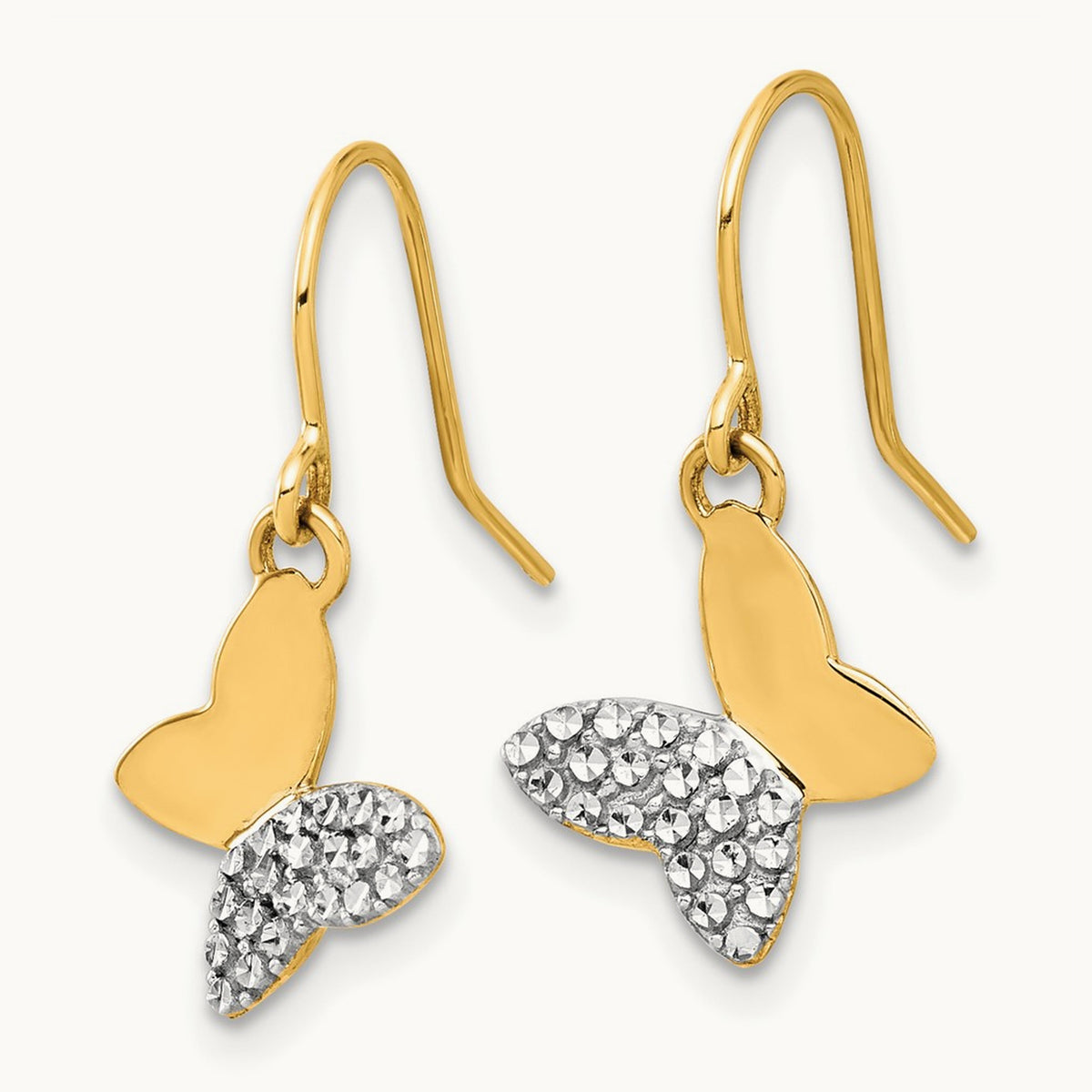 D/C Butterfly Dangle Earrings, 14K with White Rhodium