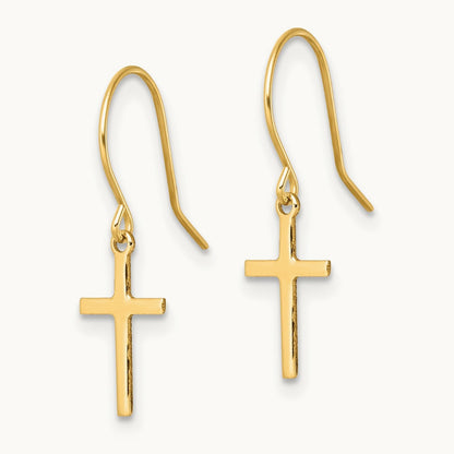 Dangle Cross Shepherd Hook Earrings, 14K