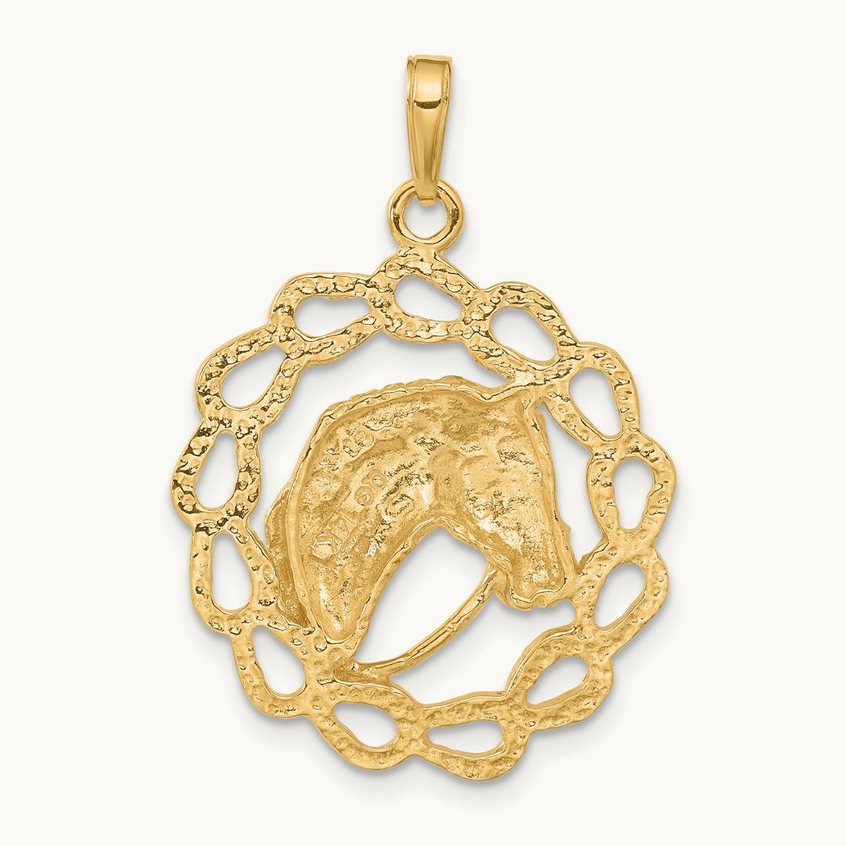 Solid Polished Horse Head in Horseshoes Pendant, 14K