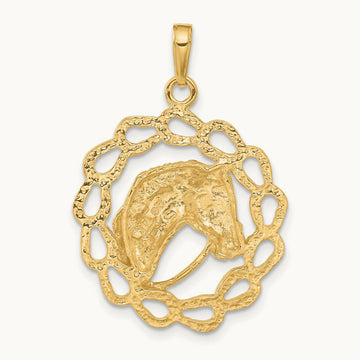 Solid Polished Horse Head in Horseshoes Pendant, 14K