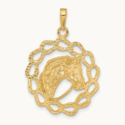 Solid Polished Horse Head in Horseshoes Pendant, 14K