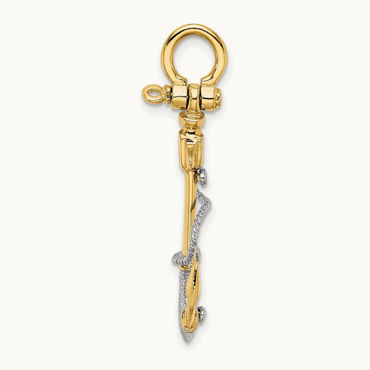3-D Textured Anchor w/Rope w/Shackle Bail Charm, 14K Two-tone