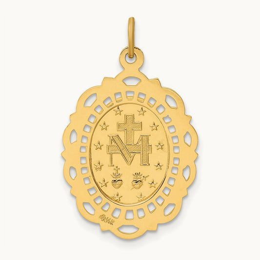 Solid Polished/Satin Fancy Pierced Oval Miraculous Medal — 27.85mm