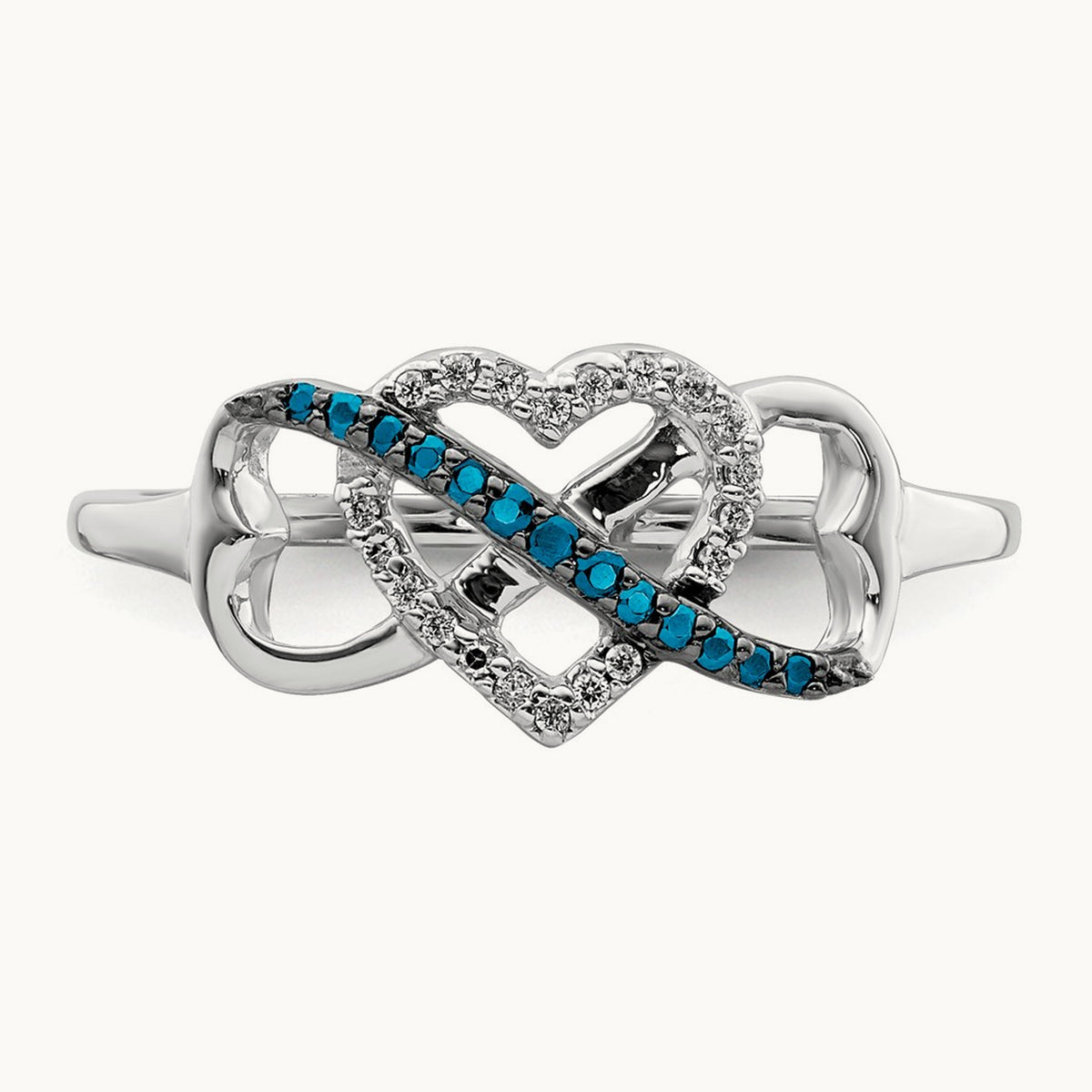 Blue and White Diamond Infinity and Heart Ring, 14K White Gold