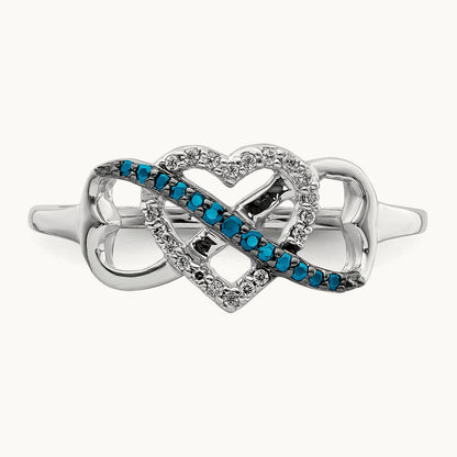 Blue and White Diamond Infinity and Heart Ring, 14K White Gold