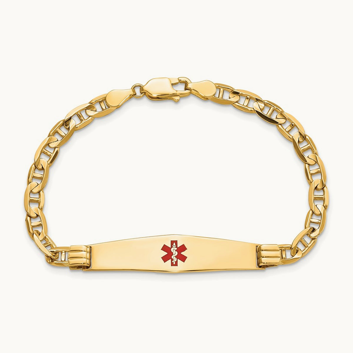 Medical Soft Diamond Shape Red Enamel Anchor Link ID Bracelet, 14K