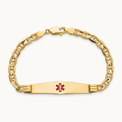 Medical Soft Diamond Shape Red Enamel Anchor Link ID Bracelet, 14K