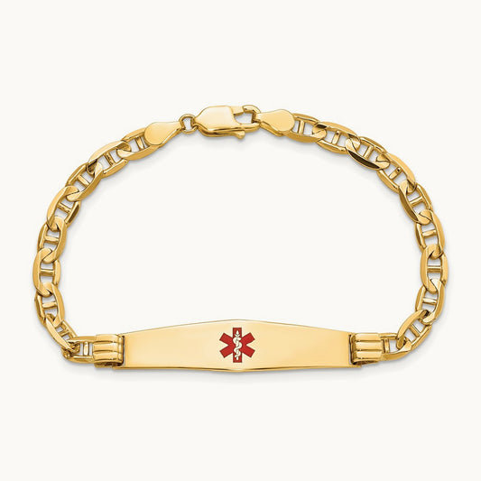 Medical Soft Diamond Shape Red Enamel Anchor Link ID Bracelet, 14K