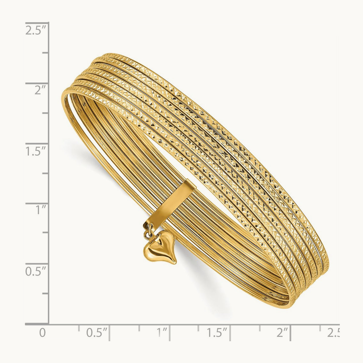 w/ Dangle Heart Set of 7 Slip-on Textured Bangles, 14K