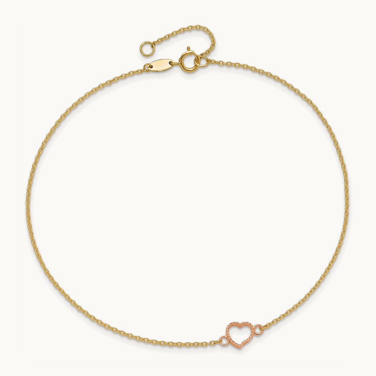 Textured and Polished Heart 9in Plus 1in ext. Anklet, 14K Two-tone