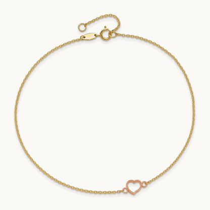 Textured and Polished Heart 9in Plus 1in ext. Anklet, 14K Two-tone