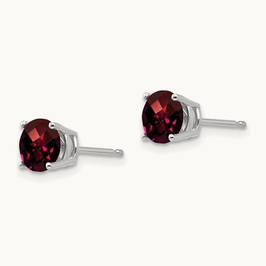 Garnet Checker Earrings, 6mm, 14K White Gold