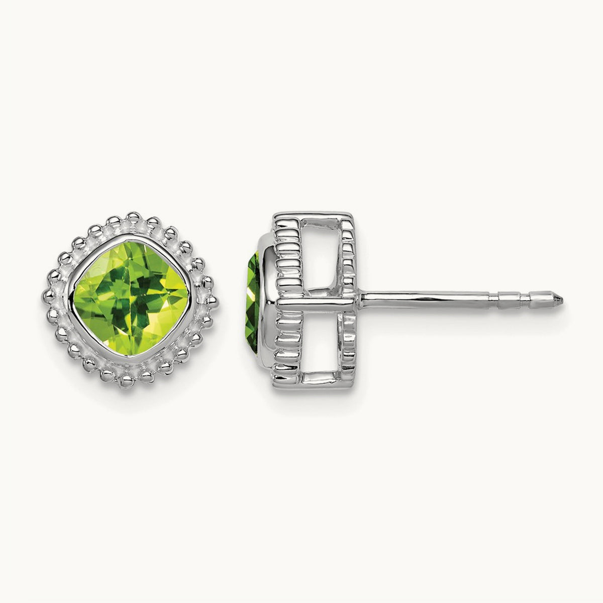 Cushion Peridot Earrings — 14K White Gold