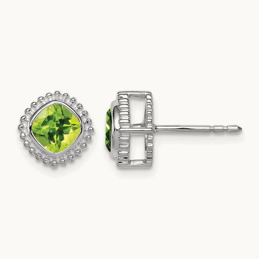 Cushion Peridot Earrings — 14K White Gold