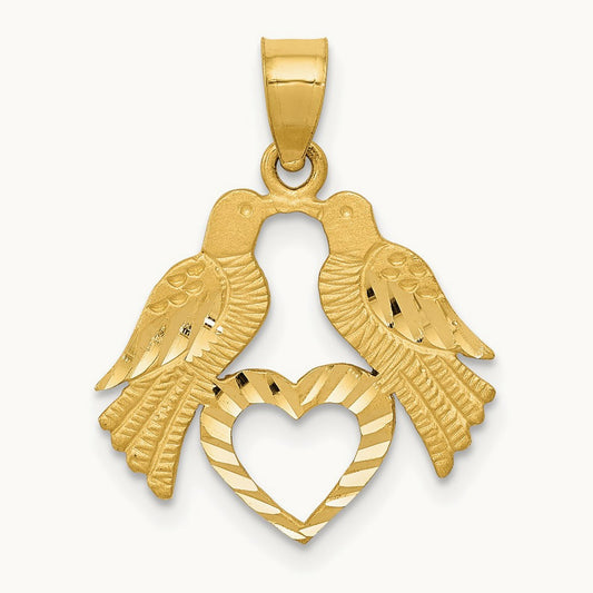 Polished Diamond-cut Love Birds with Heart Pendant, 14K