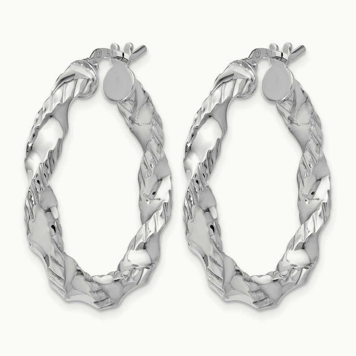 Rhodium-plated Polished Twisted Hinged Hoop Earrings — 29mm