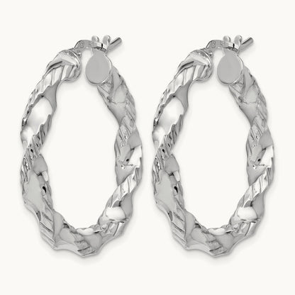 Rhodium-plated Polished Twisted Hinged Hoop Earrings — 29mm
