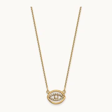 Small Necklace Diamond Gold Halo Evil Eye, 14K Yellow Gold