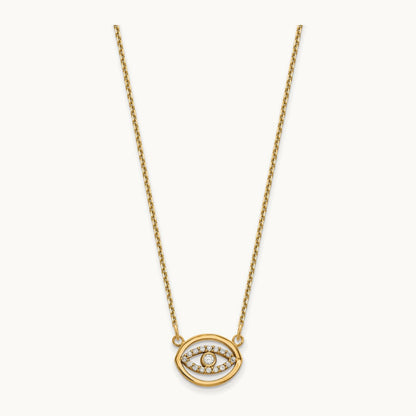 Small Necklace Diamond Gold Halo Evil Eye, 14K Yellow Gold